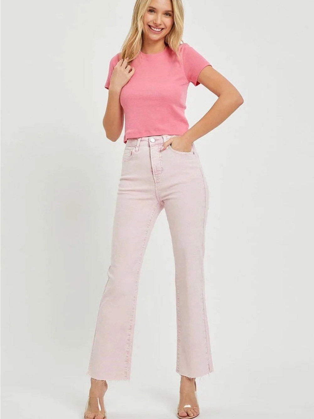 High-Rise Pink Wide Leg Jeans - Women's Soft Blush Flare